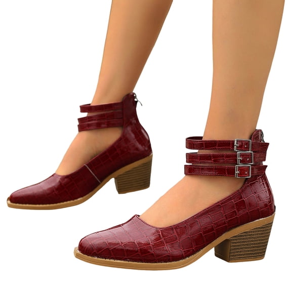 Womens Mary Jane Pumps Pointed Closed Toe Chunky High Heels with Ankle Buckle Straps Comfortable Dress Shoes for Work Bridal Party Office Wedding (8.5,Red)