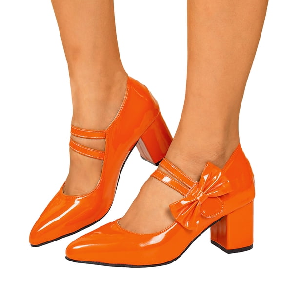 Womens Mary Jane Shoes Cute Bowknot Closed Pointed Toe Dressy Heels Casual Chunky Block Heel Pumps Shoes Orange Size 6