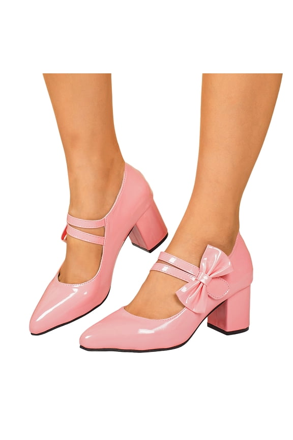 Womens Mary Jane Shoes Cute Bowknot Closed Pointed Toe Dressy Heels Casual Chunky Block Heel Pumps Shoes Red Size 6