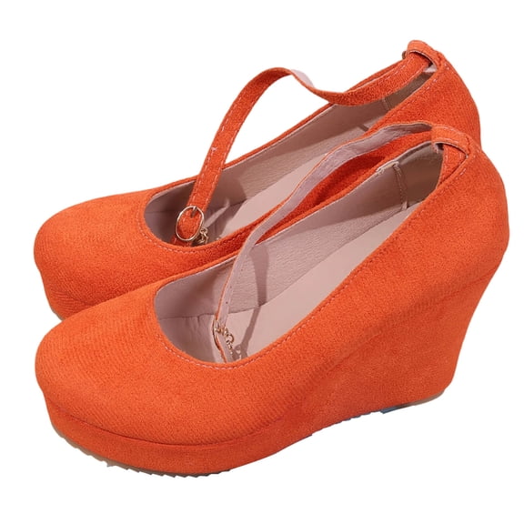 Womens Mary Jane Shoes Orange Velvet Wedge Heel Comfortable Walking Shoes Adjustable Strap for Women Casual Outfit,Size 7.5