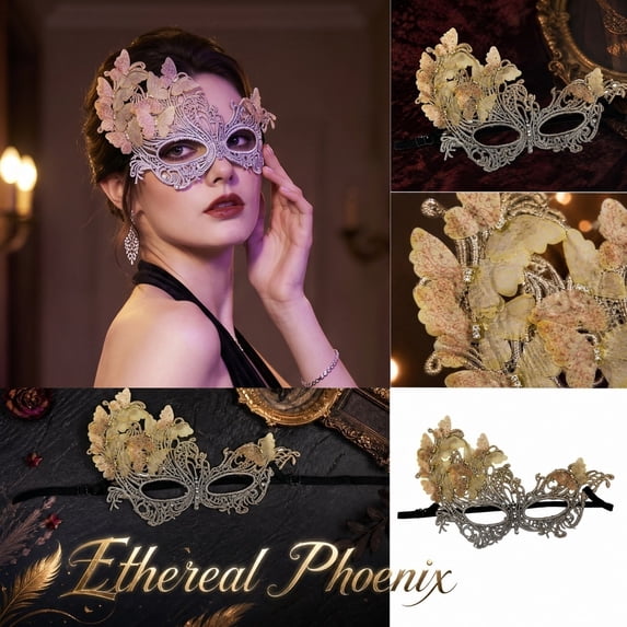 Womens Masquerade Eye Mask, Masquerade Mask for Women, Sheer Butterfly Embellishment, Masquerade Ball Accessory, 11X7 Inch Gold Structured Gradient Lace Mask with Fabric Overlay
