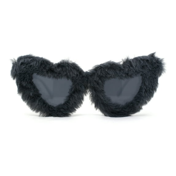 Womens Masquerade Fur Covered Heart Shape Cat Eye Sunglasses Grey