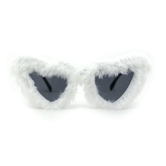 Womens Masquerade Fur Covered Heart Shape Cat Eye Sunglasses White