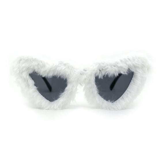 Womens Masquerade Fur Covered Heart Shape Cat Eye Sunglasses White