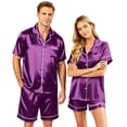 thumbnail image 1 of (Womens） Matching Couple Silk Satin Loungewear Short Sleeve Button Up Shirt Soft Elastic Shorts His And Hers Sets Purple 3XL, 1 of 7