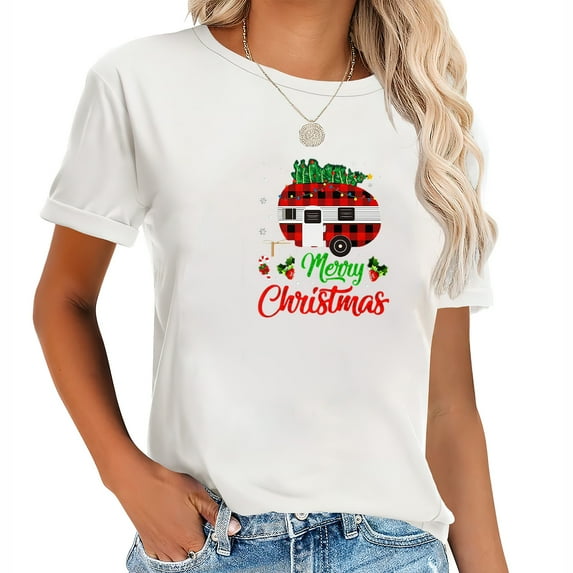 Womens Matching Lighting Santa Christmas Tree On RV Camping Xmas T-Shirt