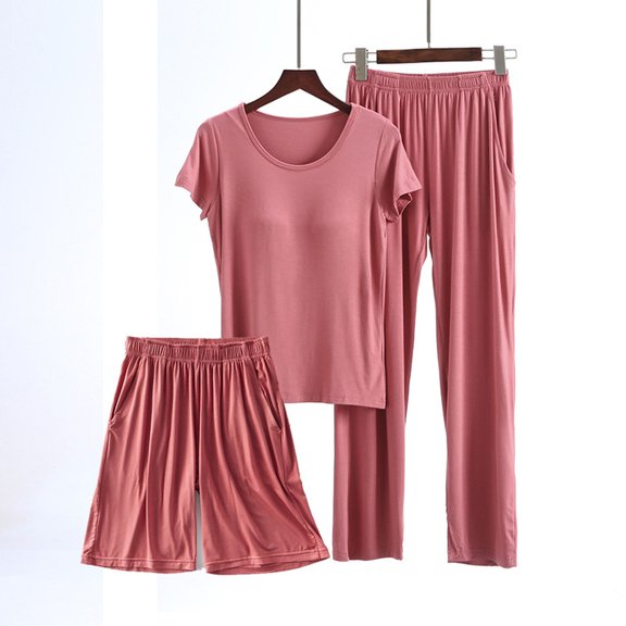 uublik Womens Matching Lounge Set Casual Lounge Sets Short Sleeve Shirts Tops and Long Pants Shorts 3 Piece Outfits Red, M