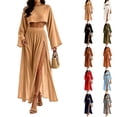 thumbnail image 1 of Womens Matching Sets Summer 2 Piece Beach Vacation Outfits Long Sleeve Crop Top High Slit Maxi Skirt Set Resort Wear, 1 of 6