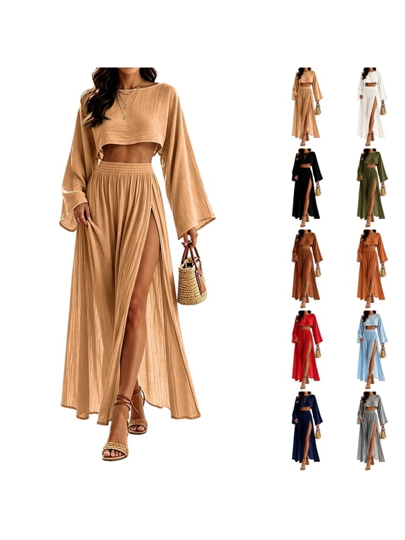 Womens Matching Sets Summer 2 Piece Beach Vacation Outfits Long Sleeve Crop Top High Slit Maxi Skirt Set Resort Wear