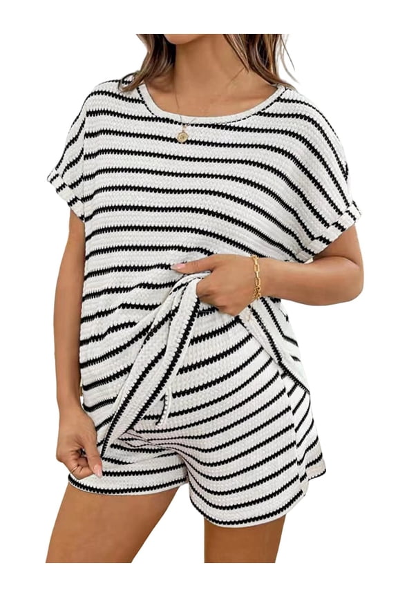 Womens Maternity 2 Piece Outfits Striped Crew Neck Short Sleeve Tee and Shorts Pregnancy Sets White S