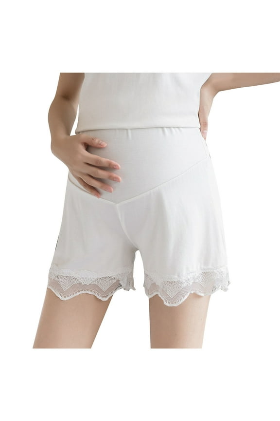 Womens Maternity Bottom Shorts Summer Solid Color High Waisted Lace Trim Comfort Underpants White XL