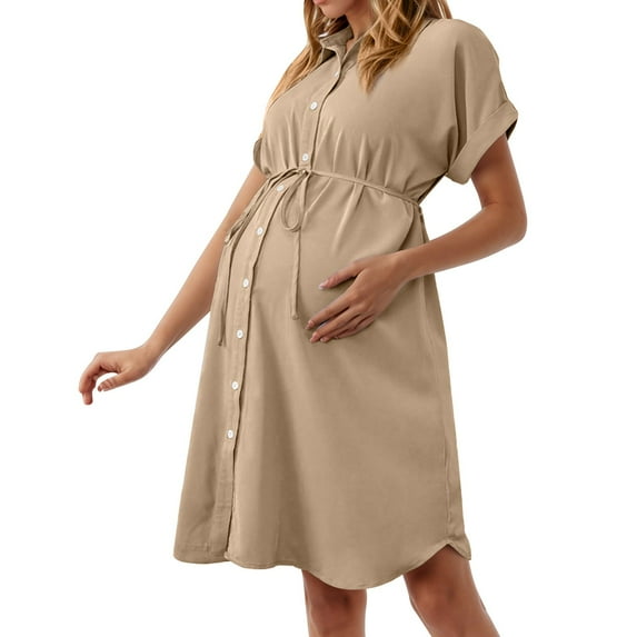 Womens Maternity Casual Shorts Sleeve V Neck Loose Shirts Dress Pregnant Button Down Casual Dress