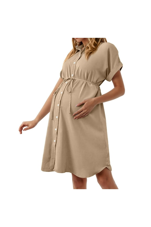 Womens Maternity Casual Shorts Sleeve V Neck Loose Shirts Dress Pregnant Button Down Casual Dress