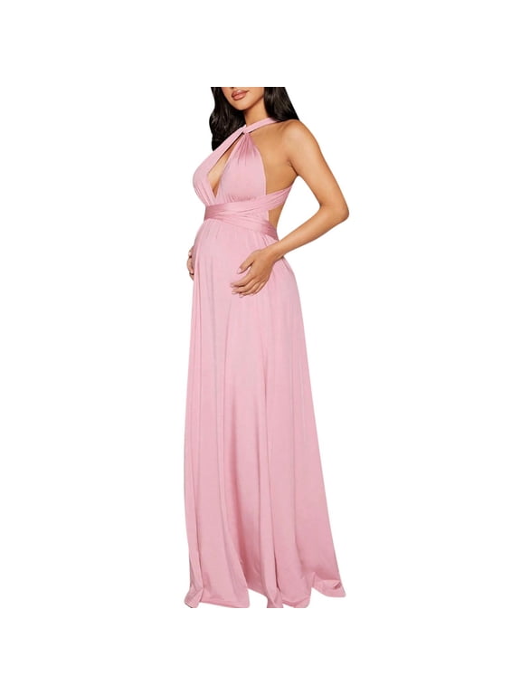 Womens Maternity Dress Wrap Maxi Dress Pregnant Halter Hollow Out Deep V Neck Bridesmaids Wedding Guest Prom Cocktail Dresses Pink M