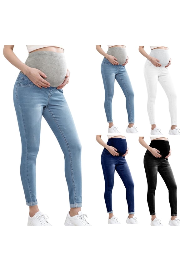 Womens Maternity Jeans High Waist Skinny Fit Stretch Jeans Pregnancy Denim Trousers with Pockets Blue S