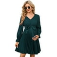 thumbnail image 1 of Womens Maternity Long Sleeve Pleated Dress V Neck Ruffle Casual Flowy Belted Midi Dress, 1 of 5