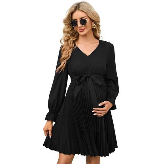 Womens Maternity Long Sleeve Pleated Dress V Neck Ruffle Casual Flowy Belted Midi Dress
