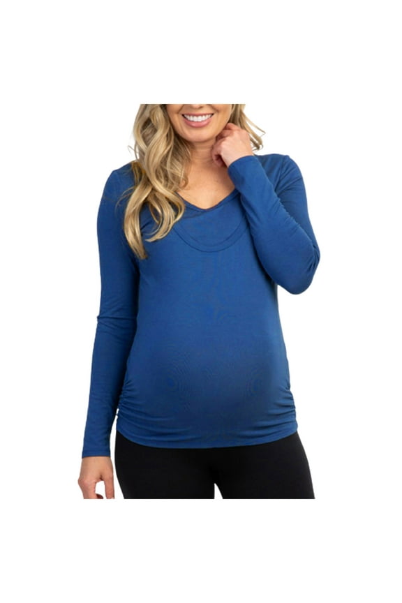 Womens Maternity Long Sleeve Shirt Crew Neck Side Ruched Tunic Pregnancy Pullover Casual Loose Solid Color Tops Spring Clothes