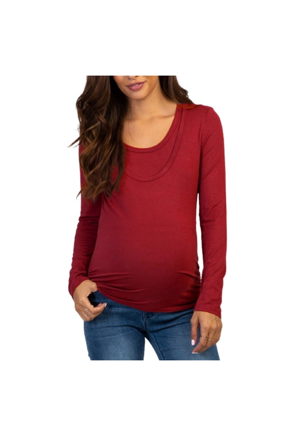 Womens Maternity Long Sleeve Shirt Crew Neck Side Ruched Tunic Pregnancy Pullover Casual Loose Solid Color Tops Spring Clothes
