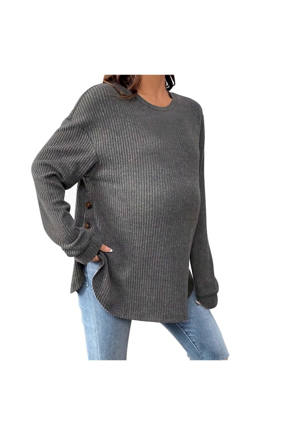Womens Maternity Long Sleeve Shirts Crew Neck Thermal Soft Stretch Ribbed Knit Pregnancy Tunic with Button Side Split