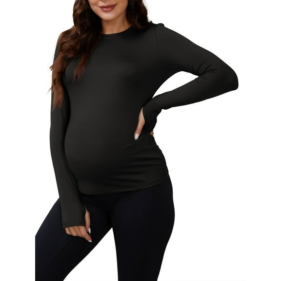INSPIRE CHIC Maternity Slim Fit Shirt Stretchy Long Sleeve T-Shirts Thumbholes Round Neck Pregnancy Yoga Top S Black