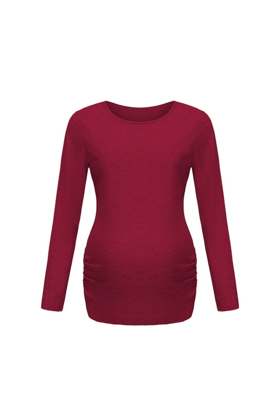 Womens Maternity Long Sleeve Tshirt Classic Side Ruched Tee Top Mama Pregnancy Clothes Wine S