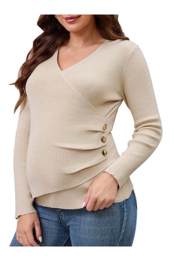 Womens Maternity Long Sleeve t Shirt V Neck Stretch Wrap Tops Breastfeeding Ruched Nursing Tees 2XL Apricot