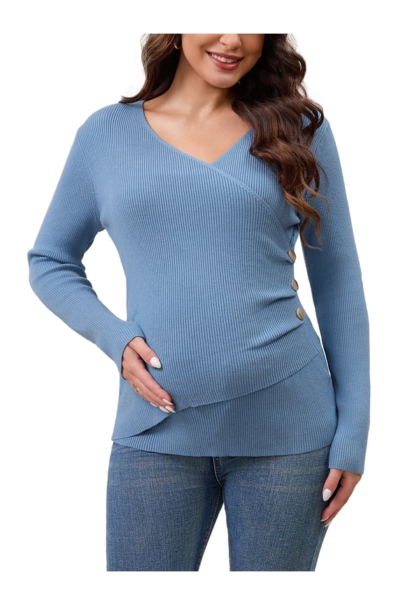 Womens Maternity Long Sleeve t Shirt V Neck Stretch Wrap Tops Breastfeeding Ruched Nursing Tees 2XL Blue