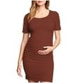 thumbnail image 1 of Womens Maternity Midi Dress Crew Neck Short Sleeve Pregnancy Dresses Fashion Elegant Side Ruched Tunic Solid Color Dress, 1 of 5