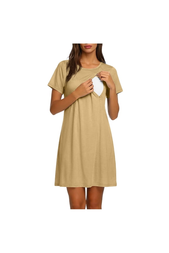 Womens Maternity Nightgown Breastfeeding Gown Full Slips Nursing Sleepdress Pregnancy Short Sleeve Loose Comfy Soft Sleepwear