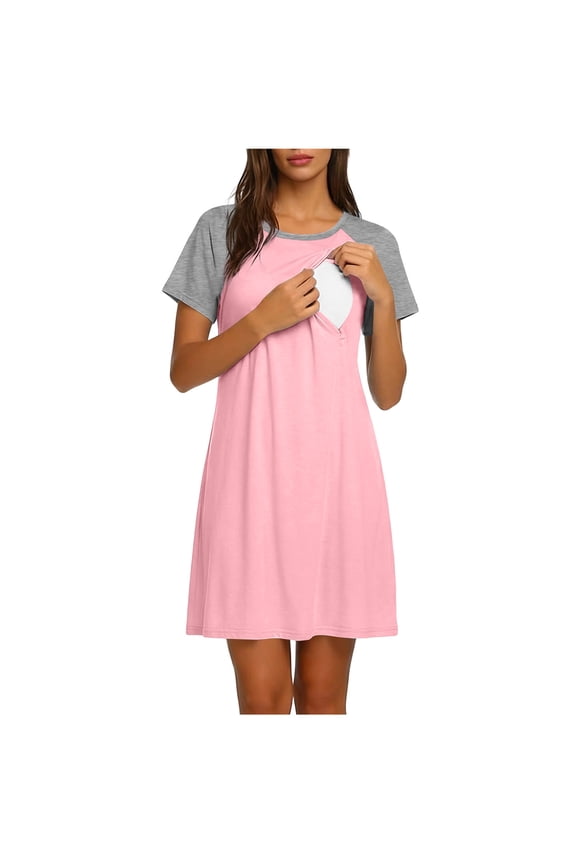 Womens Maternity Nightgown Breastfeeding Gown Full Slips Nursing Sleepdress Pregnancy Short Sleeve Loose Comfy Soft Sleepwear