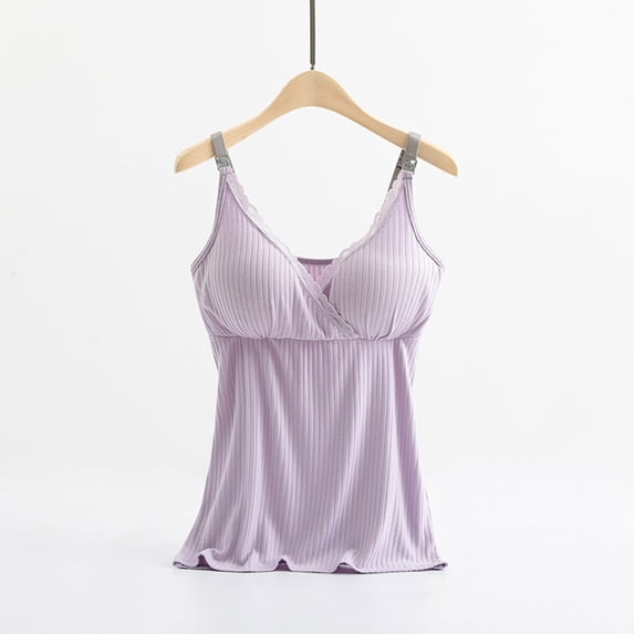 Womens Maternity Nursing Cami Tank Top Summer Solid Sleeveless Breastfeeding Slip Tops with Built-in Shelf Bra Purple L