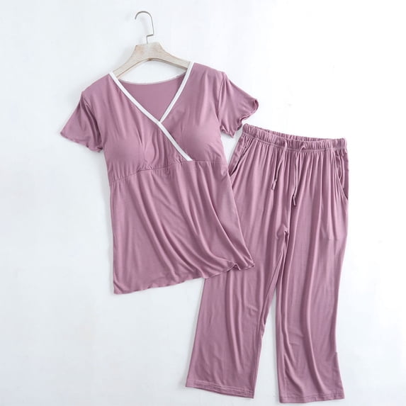 Womens Maternity Nursing Pajamas Set, Short Sleeve Breastfeeding Shirts,Pregnancy Pants 2 Piece Nursing PJS Purple XXL