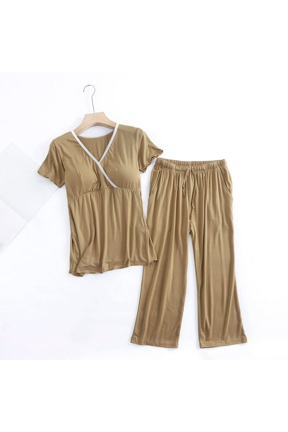 Womens Maternity Nursing Pajamas Set, Short Sleeve Breastfeeding Shirts,Pregnancy Pants 2 Piece Nursing PJS Yellow XXL