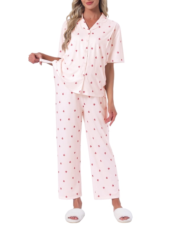 Womens Maternity Nursing Pajamas Set Short Sleeves Breastfeeding Sleepwear Postpartum Loungewear Set Shorts&Pants L Pink