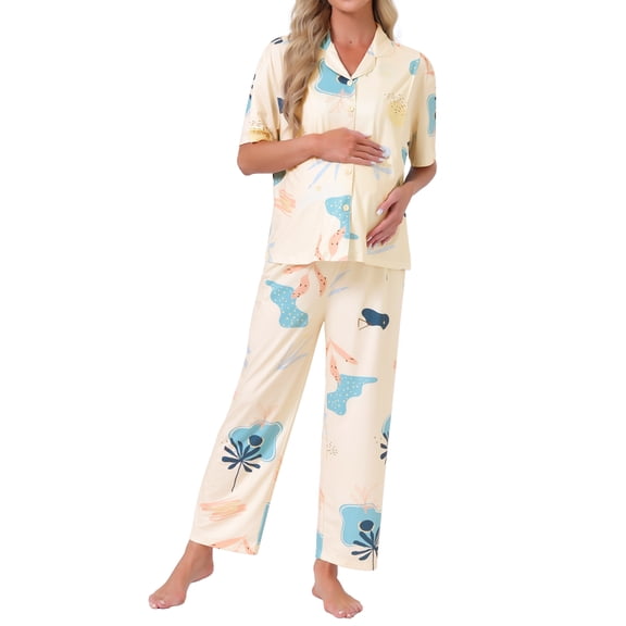 INSPIRE CHIC Womens Maternity Nursing Pajamas Set Short Sleeves Breastfeeding Sleepwear Postpartum Loungewear Set Shorts&Pants S Green