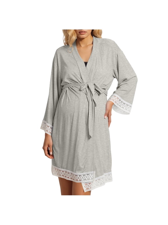 Womens Maternity Nursing Robe for Hospital V Neck Pregnancy Bathrobes Lace 3/4 Sleeve Labor Delivery Nightgowns