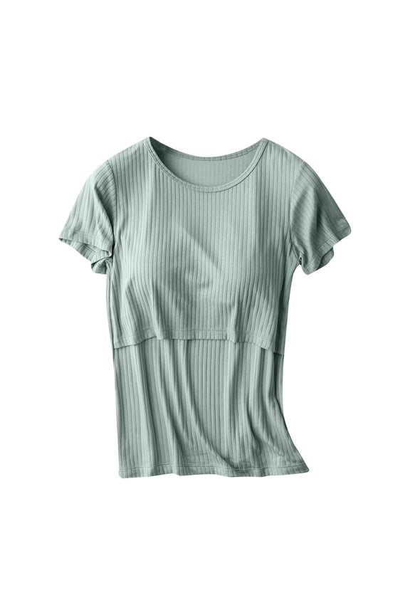Womens Maternity Nursing Shirts Short Sleeve Ribbed Knit Soft Stretch Crew Neck Layered Pregnancy Tunic Tops for Breastfeeding