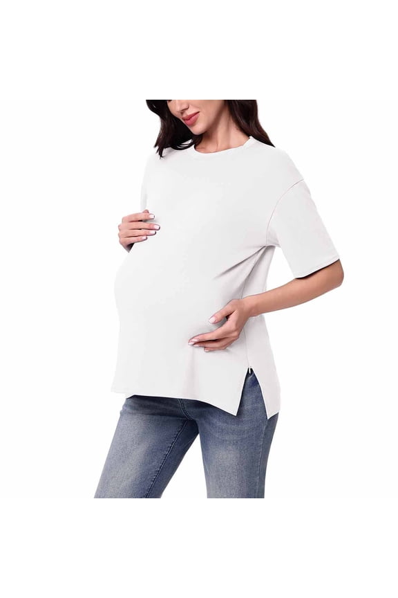 Womens Maternity Nursing Top Short Sleeve Breastfeeding Round Neck Shirts Pregnant Pullover Blouse with Side Zip White XXL