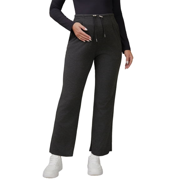 INSPIRE CHIC Women's Maternity Sweatpants Elastic Waist Drawstring Over Belly Wide Leg Pregnancy Pants with Pockets M Black