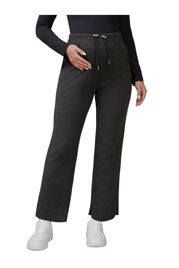 Women's Maternity Sweatpants Elastic Waist Drawstring Over Belly Wide Leg Pregnancy Pants with Pockets S Black