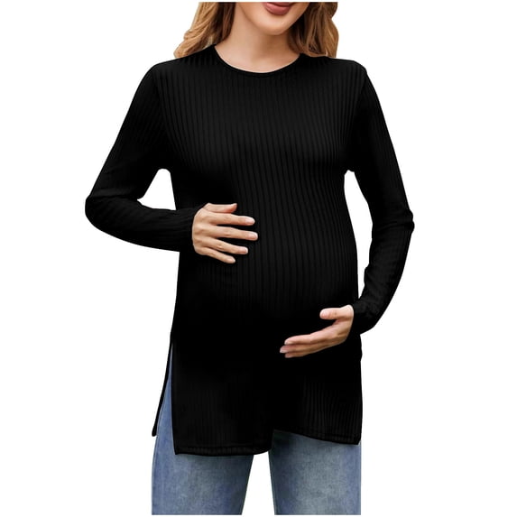 Womens Maternity Ribbed Knit Shirts Long Sleeve Crew Neck Soft Stretch Side Slit Pregnancy Flowy Tunic