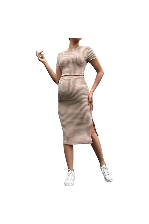 Womens Maternity Ribbed Knit Two Piece Sets Crew Neck Short Sleeve Crop Top and Adjustable Waist Bodycon Slit Midi Skirt Outfit Set