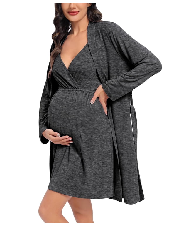 Womens Maternity Set 2PCS Nursing Nightgown for Breastfeeding 3 in 1 Labor Delivery Nursing Dress Birthing Bathrobe Set