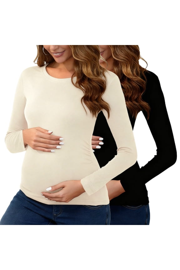 Womens Maternity Shirt Fall Long Sleeve Crew Neck T-Shirts Pregnancy Blouses Side Ruched Tunic Tops