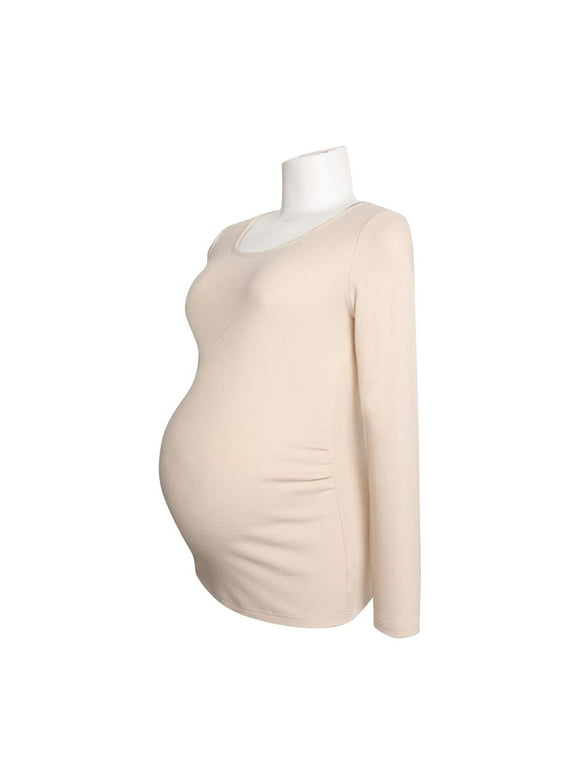 Womens Maternity Shirts, Long Sleeve V-Neck T-Shirts Side Ruched Maternity Tunic Tops Casual Pregnancy Clothes Beige M
