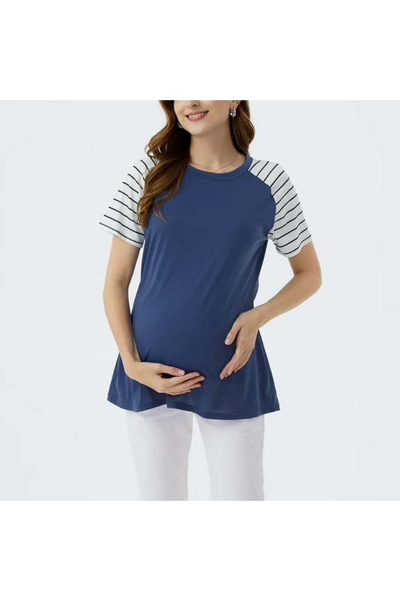 Womens Maternity Shirts Ribbed Short Sleeve Maternity Tops Casual Crew Neck Side Ruched Pregnancy Clothes Blue L