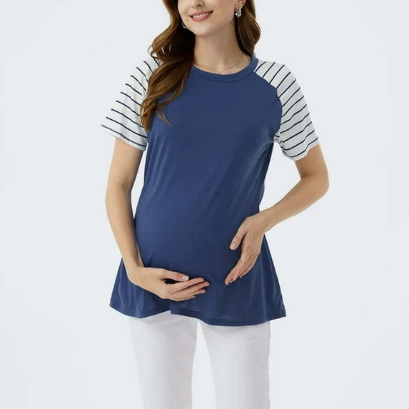 Womens Maternity Shirts Ribbed Short Sleeve Maternity Tops Casual Crew Neck Side Ruched Pregnancy Clothes Blue L