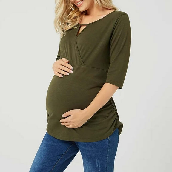 Womens Maternity Shirts V Neck Tops Tunic Pregnancy Clothes Side Ruched Short Sleeve Casual T Shirt Green L
