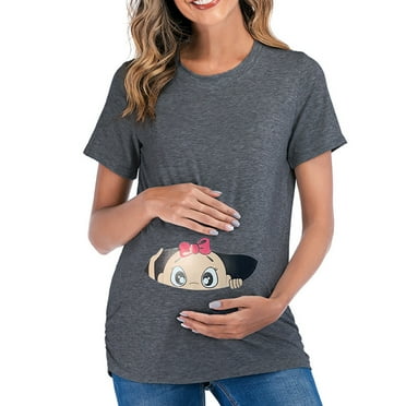Womens Maternity Short Sleeve Crew Neck Cute Funny Graphic Ruched Sides T Shirt Tops Pregnancy Tunic Blouse Breastfeeding Clothes for Women Dark Gray L